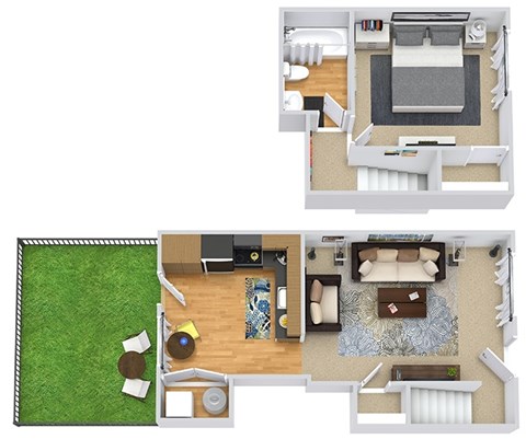 A floor plan of a house with a living room, kitchen, and bathroom.