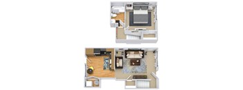 A floor plan of a two-bedroom apartment with a living room, kitchen, and bathroom.