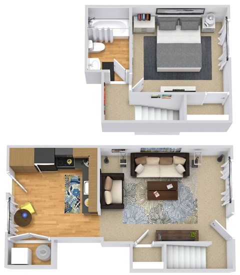 A floor plan of a two-bedroom apartment with a living room, kitchen, and bathroom.