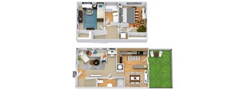 A floor plan of a two-story house with a living room, dining room, kitchen, and two bedrooms.