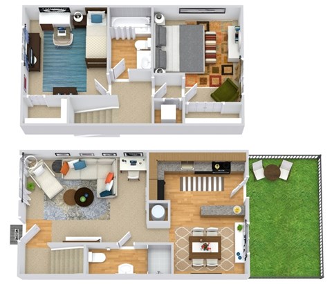 A floor plan of a two-story house with a living room, dining room, kitchen, and two bedrooms.