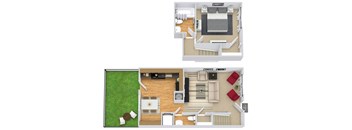A floor plan of a house with two bedrooms, a living room, a kitchen, and a bathroom.