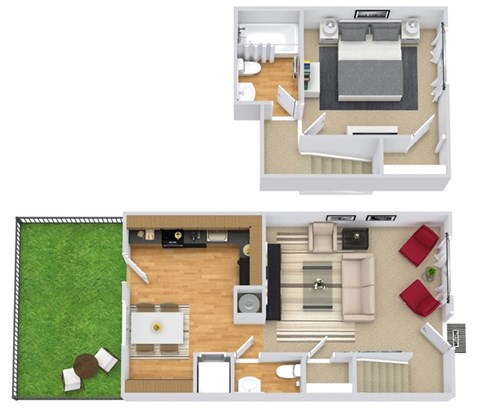A floor plan of a house with two bedrooms, a living room, a kitchen, and a bathroom.