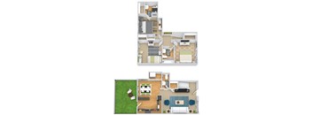 A floor plan of a house with two bedrooms, a living room, a kitchen, and a bathroom.