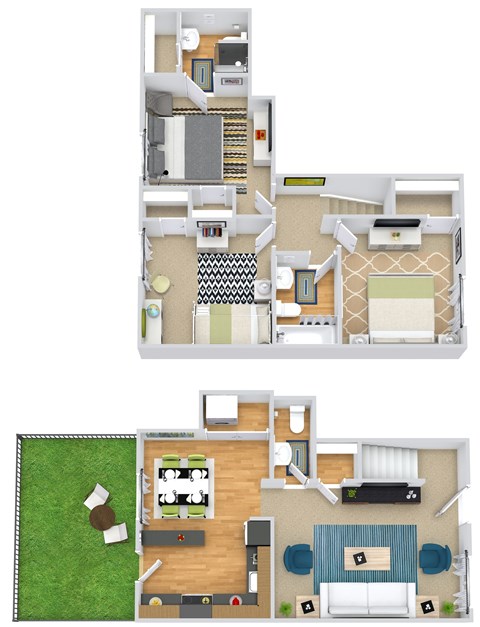 A floor plan of a house with two bedrooms, a living room, a kitchen, and a bathroom.