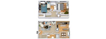 A floor plan of a two-story apartment with a living room, kitchen, and bedrooms.