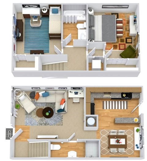 A floor plan of a two-story apartment with a living room, kitchen, and bedrooms.