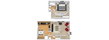 A floor plan of a two-story apartment with a living room, kitchen, and bedrooms.