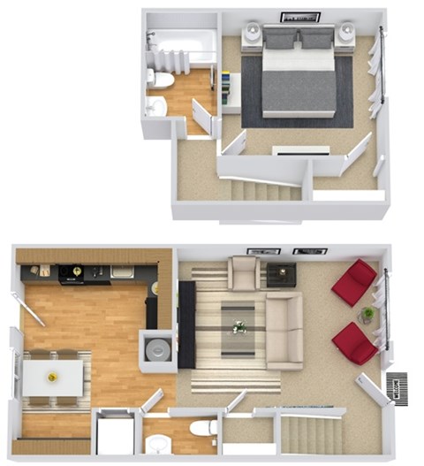 A floor plan of a two-story apartment with a living room, kitchen, and bedrooms.