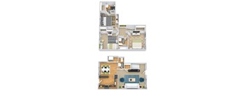 A floor plan of a two-story house with a living room, kitchen, and bedrooms.