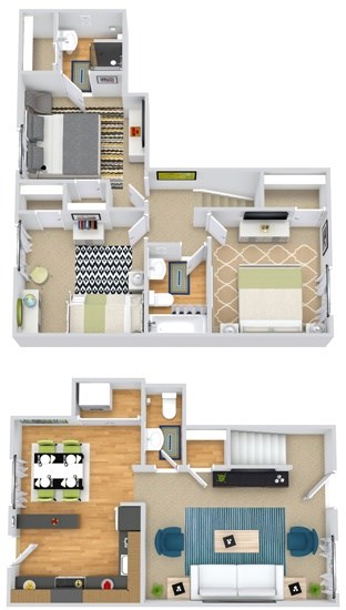 A floor plan of a two-story house with a living room, kitchen, and bedrooms.