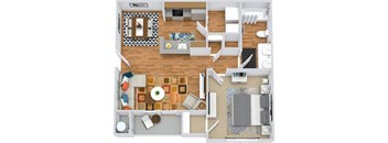 A top-down view of a living room with a couch, coffee table, and rug.