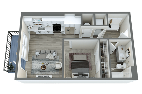 a 3d floor plan of a house with a bedroom and a living room
