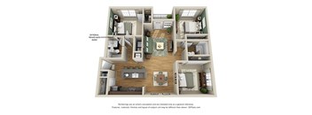 A 3D floor plan of a house with a living room, dining room, kitchen, and two bedrooms.