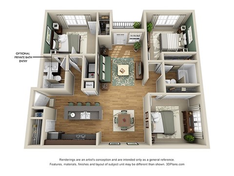 A 3D floor plan of a house with a living room, dining room, kitchen, and two bedrooms.