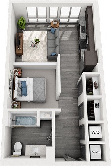 3D Studio apartment. entrance hallway with laundry, two closets, one bathroom. Bedroom with lowered wall. kitchen overlooking living area.