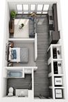 The Alabama 3D Studio apartment. entrance hallway with laundry, two closets, one bathroom. Bedroom with lowered wall. kitchen overlooking living area.