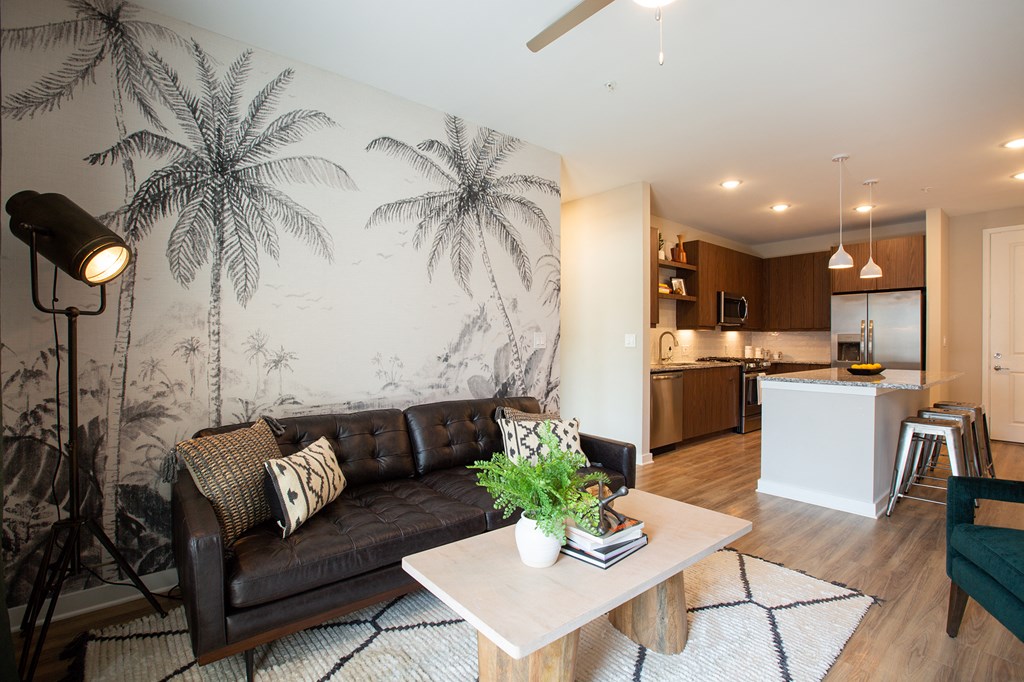 a living room with a couch and a table