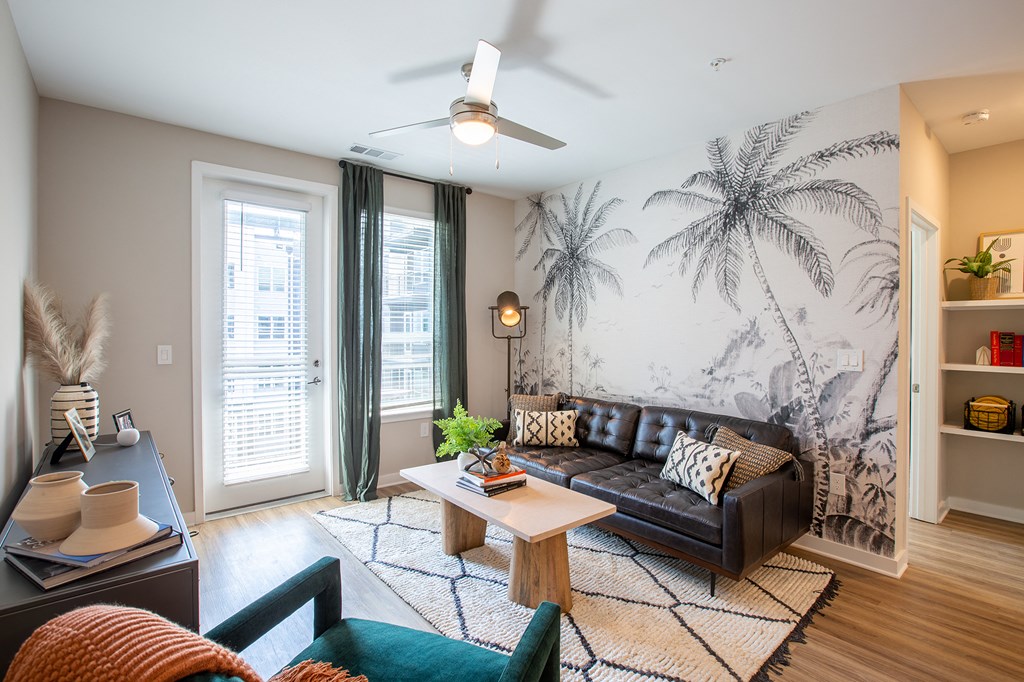 a living room with a couch and a coffee table
