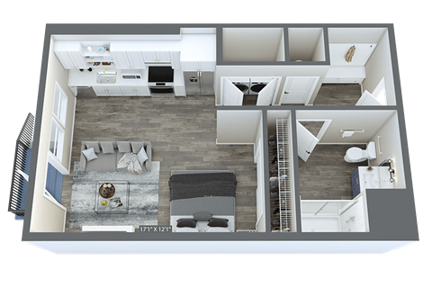 a 3d floor plan of a house with a bedroom and a living room