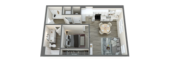 A floor plan of a house with a living room, kitchen, and two bedrooms.