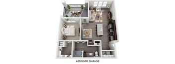 a stylized floor plan with a bedroom and a living room