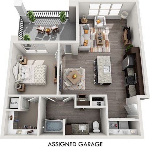 a stylized floor plan with a bedroom and a living room