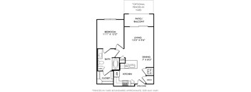 A floor plan of a small apartment with a bedroom, bathroom, kitchen, and living room.