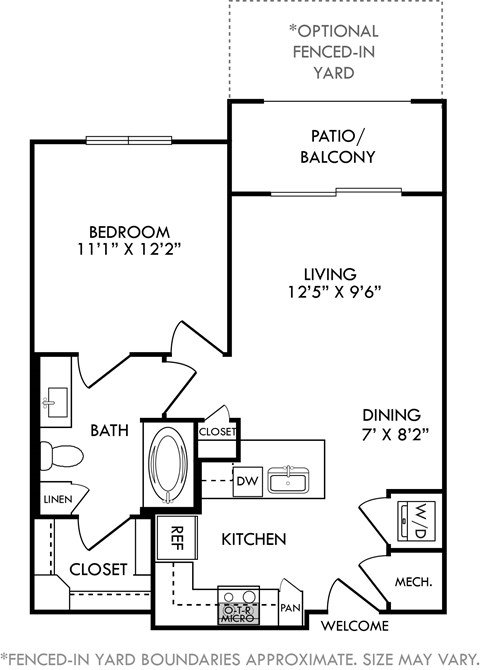 A floor plan of a small apartment with a bedroom, bathroom, kitchen, and living room.