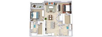 2 bedroom 2 bath Stone Cave floorplan. entry into l-shaped kitchen with island overlooking dining and living area. bedrooms on opposite sides of floorplan. secondary bathroom has dual guest access. Large walk-in closets for each bedroom. Balcony/patio access off of primary bedroom