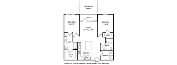 the 2 bedroom 2 bath hickory with fenced-in yard floorplan. entrance opens to l-shaped kitchen with island that overlooks the living area and entrance to patio with fenced-in yard. bedrooms on either side of the floorplan. Walk-in closets in each bedroom. guest access to secondary bathroom off of living area.