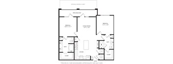 A black and white image of a house floor plan with a patio and optional fenced-in yard.