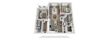 2 bedroom 2 bath Priestly floorplan. entry into l-shaped kitchen with island overlooking dining and living area. bedrooms on opposite sides of floorplan. secondary bathroom has dual guest access. Large walk-in closets for each bedroom. Balcony/patio access off of primary bedroom and living room area.