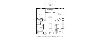 the 2 bedroom 2 bath kentucky with fenced-in yard floorplan. entrance opens to l-shaped kitchen with island that overlooks the living area and entrance to patio with fenced-in yard. bedrooms on either side of the floorplan. Walk-in closets in each bedroom. guest access to secondary bathroom off of living area.  Laundry room with full size washer/dryer next to entrance of home.