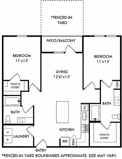 the 2 bedroom 2 bath kentucky with fenced-in yard floorplan. entrance opens to l-shaped kitchen with island that overlooks the living area and entrance to patio with fenced-in yard. bedrooms on either side of the floorplan. Walk-in closets in each bedroom. guest access to secondary bathroom off of living area.  Laundry room with full size washer/dryer next to entrance of home.