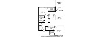 2 bedroom 2 bath floorplan. entrance opens to full size washer/dryer closet. round the corner to the kitchen with island that overlooks the dining and living area. One bedroom off of living area with walk-in closet and bath. guest bedroom down the hall behind the kitchen area. hall also leads to guest bath. Patio access from living room. Fenced-in Yard
