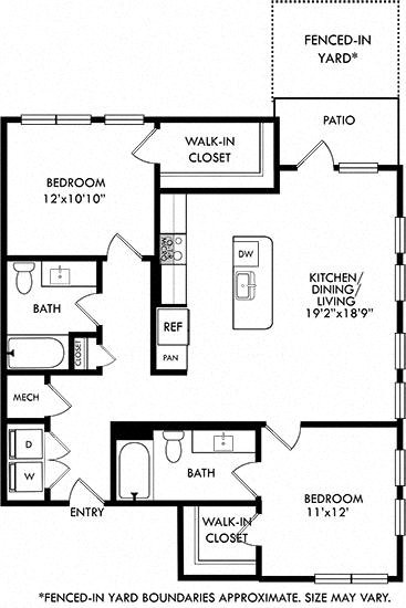 2 bedroom 2 bath floorplan. entrance opens to full size washer/dryer closet. round the corner to the kitchen with island that overlooks the dining and living area. One bedroom off of living area with walk-in closet and bath. guest bedroom down the hall behind the kitchen area. hall also leads to guest bath. Patio access from living room. Fenced-in Yard