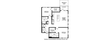 2 bedroom 2 bath floorplan. entrance opens to full size washer/dryer closet. round the corner to the kitchen with island that overlooks the dining and living area. One bedroom off of living area with walk-in closet and bath. guest bedroom down the hall behind the kitchen area. hall also leads to guest bath. Patio access from living room. with fenced-in yard.