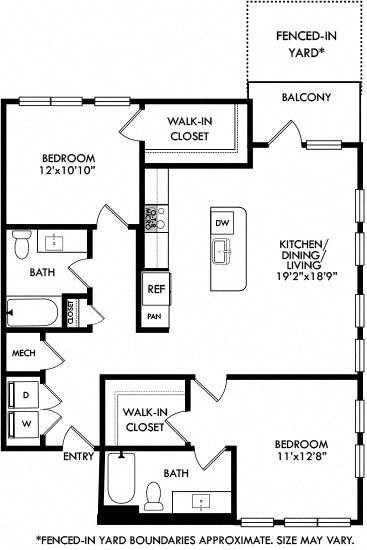 2 bedroom 2 bath floorplan. entrance opens to full size washer/dryer closet. round the corner to the kitchen with island that overlooks the dining and living area. One bedroom off of living area with walk-in closet and bath. guest bedroom down the hall behind the kitchen area. hall also leads to guest bath. Patio access from living room. with fenced-in yard.