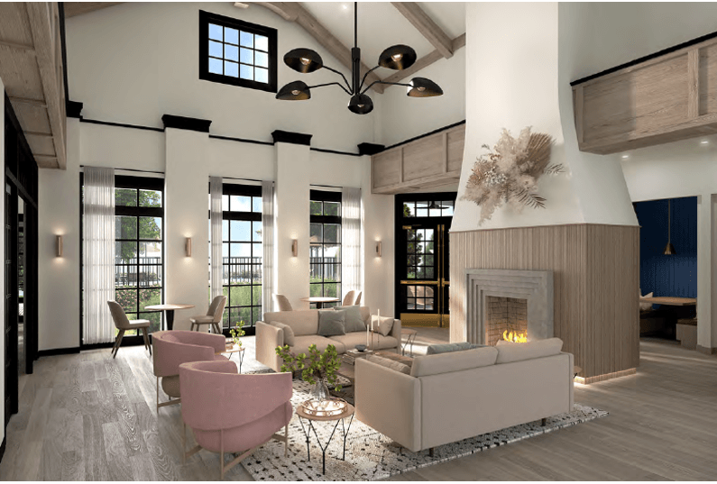 A modern living room with a fireplace and a large window.