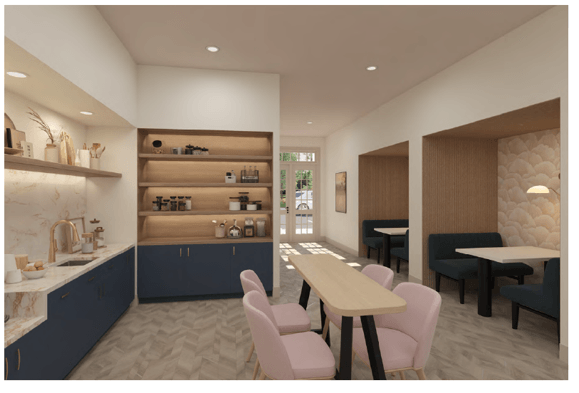 A modern kitchen with a dining area.