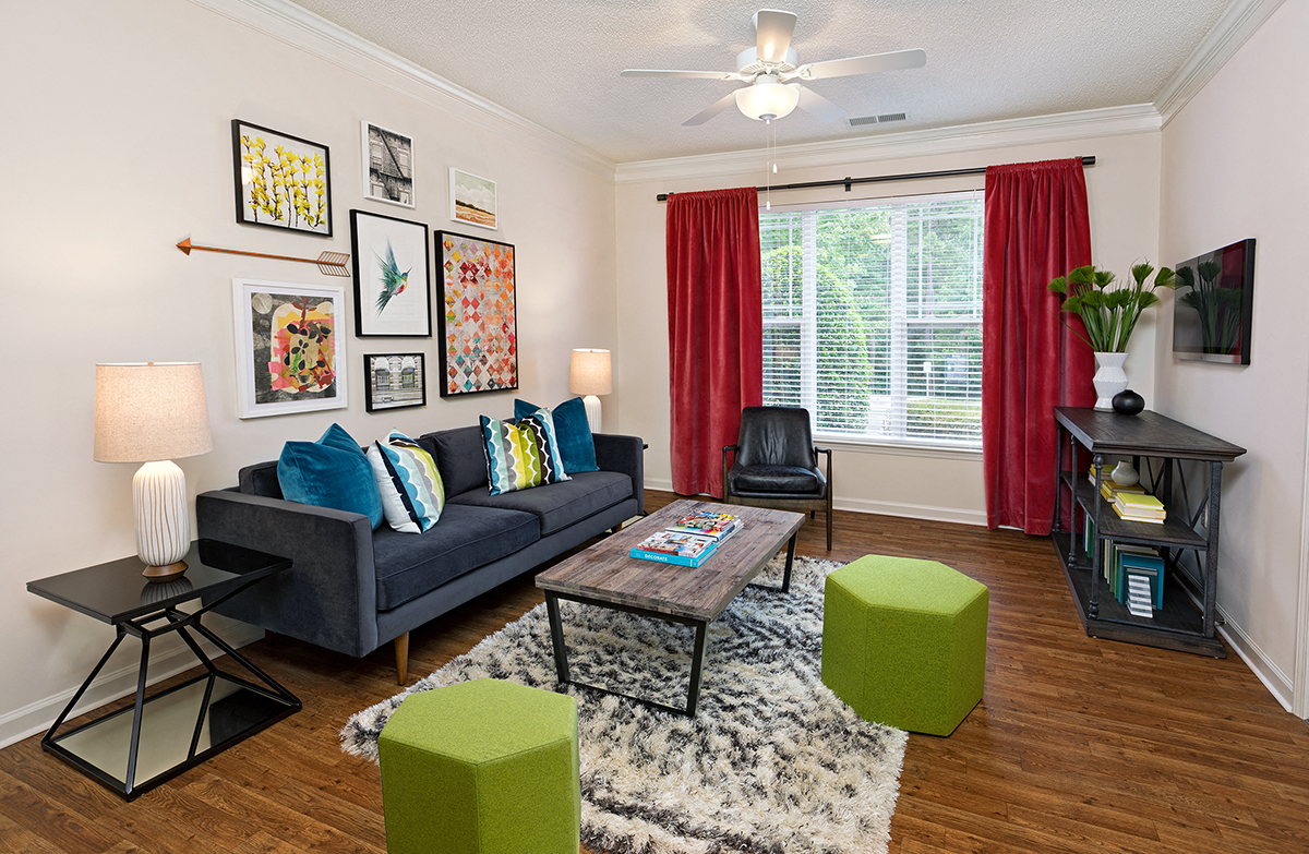 a living room with a couch and a table