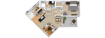 Dawson II 3D. 1 bedroom apartment. Kitchen with bartop open to living/dinning rooms. 1 full bathroom. Walk-in closet. Patio/balcony.