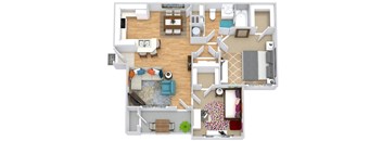 A top-down view of a house layout with a kitchen, living room, and bedrooms.