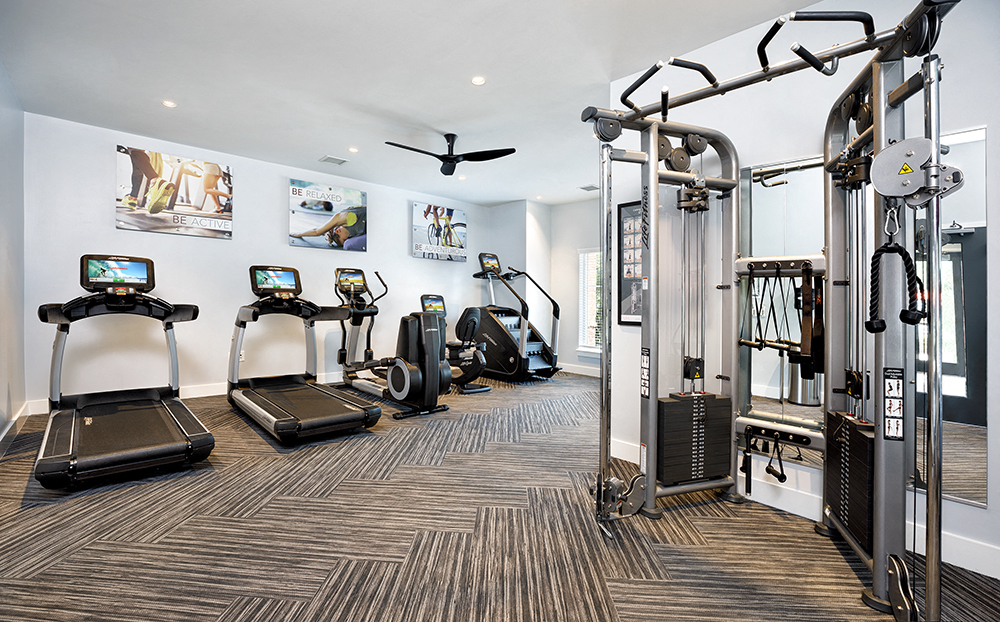 the gym in the condo is equipped with cardio machines and weights