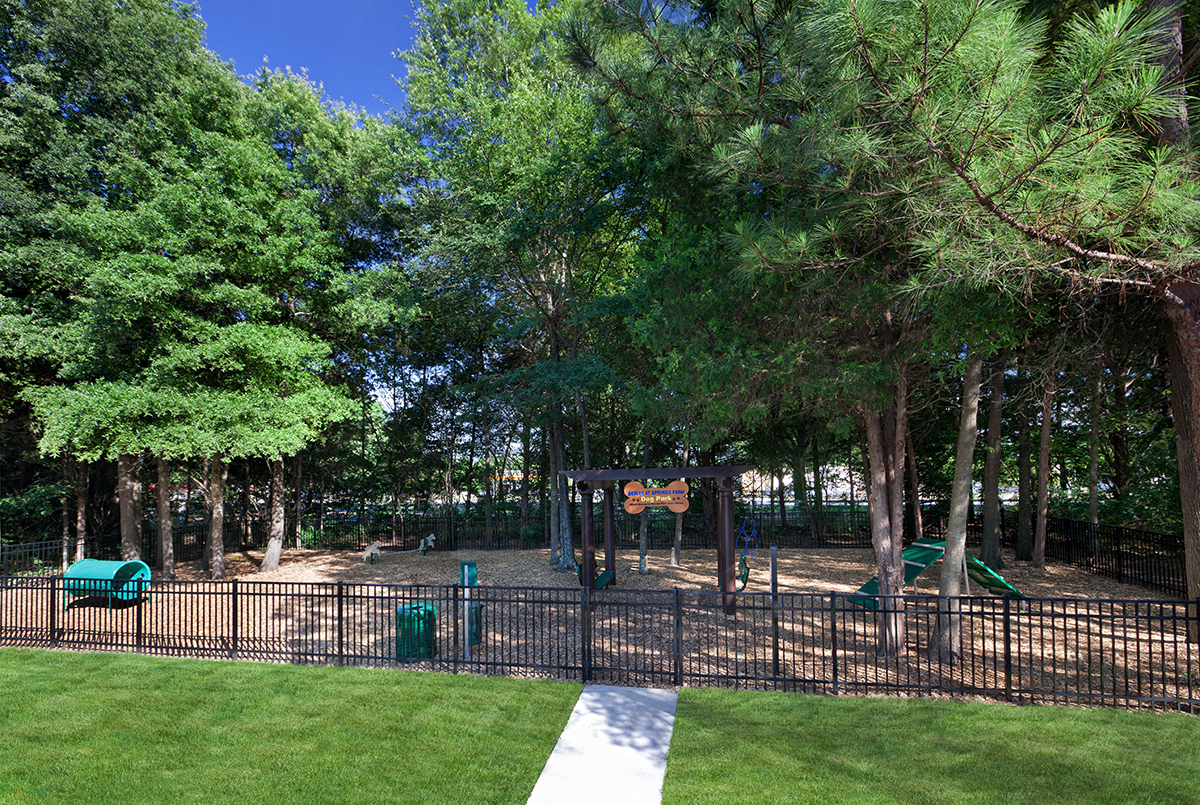 a playground in a park with trees and a fence