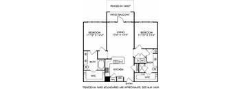 The Balboa  2 bedroom floorplan with fenced-in yard. Entry opens to Kitchen with Peninsula island overlooking living room. 1 bath with double vanity. other bath with shower. Walk in closets. washer/dryer.