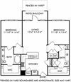 The Balboa 2 bedroom floorplan with fenced-in yard. Entry opens to Kitchen with Peninsula island overlooking living room. 1 bath with double vanity. other bath with shower. Walk in closets. washer/dryer.