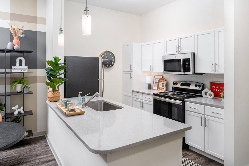 a kitchen with white cabinetry and black appliances