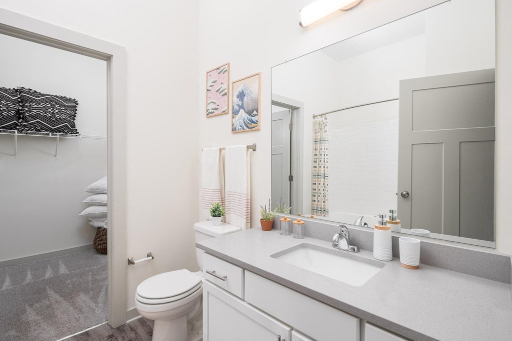 a bathroom with a large mirror and a toilet next to a sink